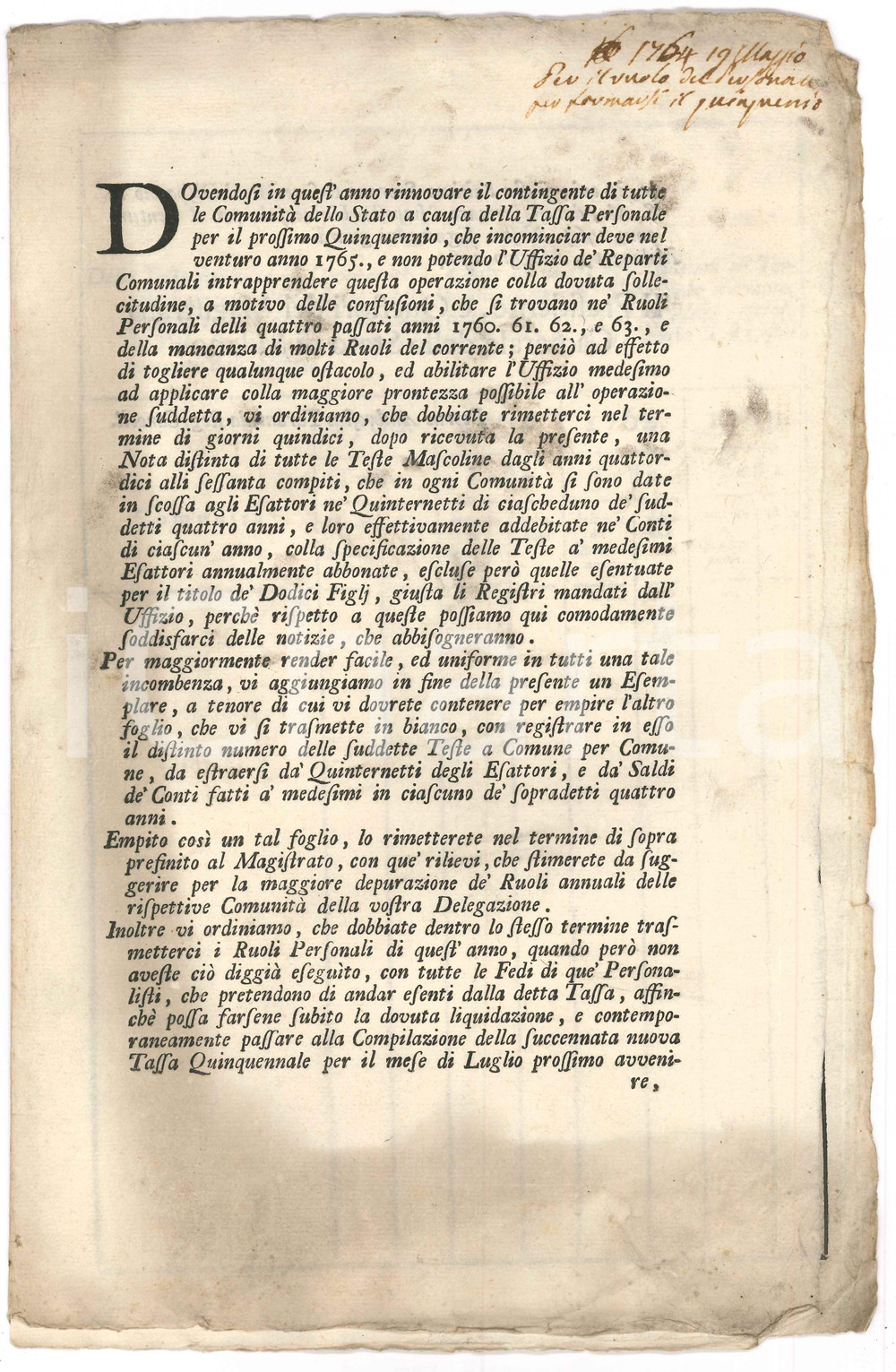Documento originale, autentico 1764 STATO DI MILANO Nota teste mascoline descritte o abbonate ESATTORIA 1