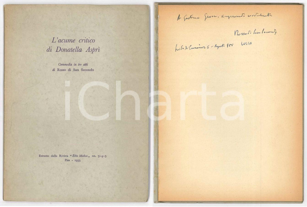 Libro, pubblicazione d epoca 1955 ROSSO DI SAN SECONDO L acume critico di Donatella AsprÃ¬  Invio AUTOGRAFO 1