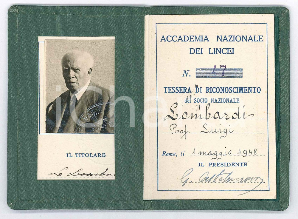 Autografo originale 1948 ROMA ACCADEMIA DEI LINCEI Tessera prof. Luigi LOMBARDI Autografo 1