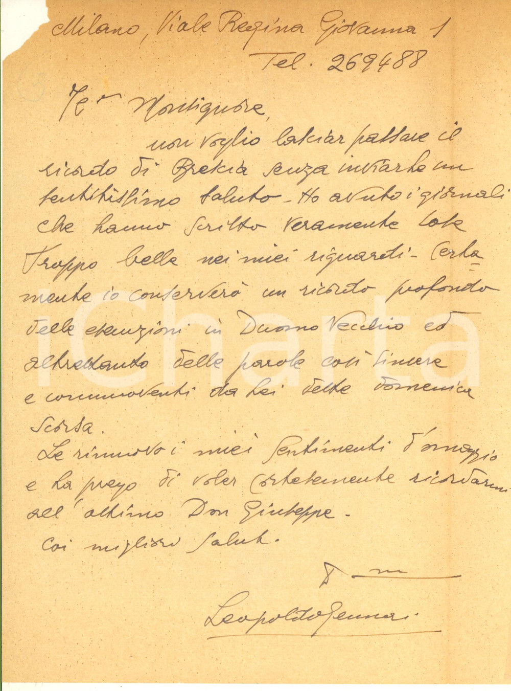 Autografo originale 1950 ca MILANO Lettera Leopoldo GENNAI compositore Autografo 1