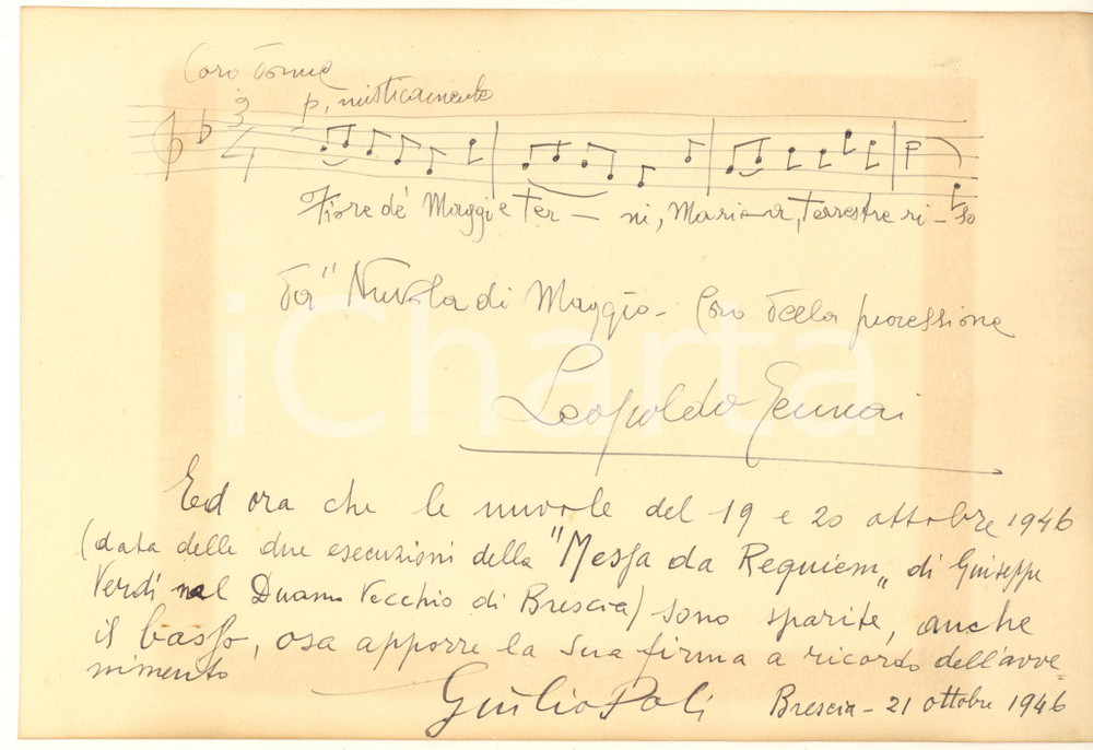 Autografo originale 1946 BRESCIA Lettera con AUTOGRAFI Leopoldo GENNAI compositore Giulio POLI 1