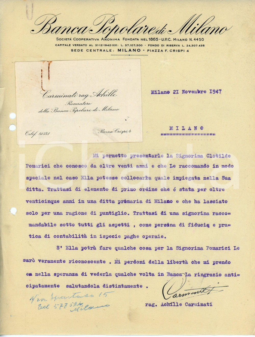 Documento originale, autentico 1947 MILANO BPM Achille CARMINATI raccomanda Clotilde POMARICI Lettera autografa 1