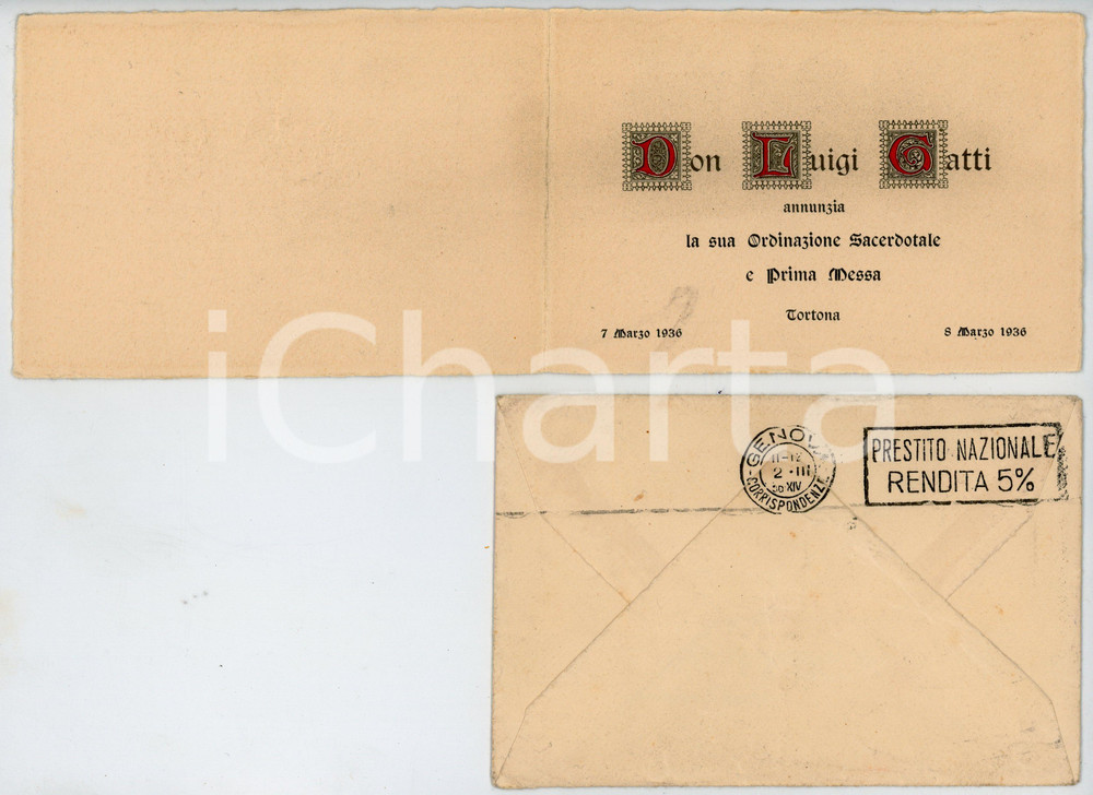 Oggetto da collezione cartaceo 1936 TORTONA Ordinazione sacerdotale di Don Luigi GATTI Invito 14x10 cm 1