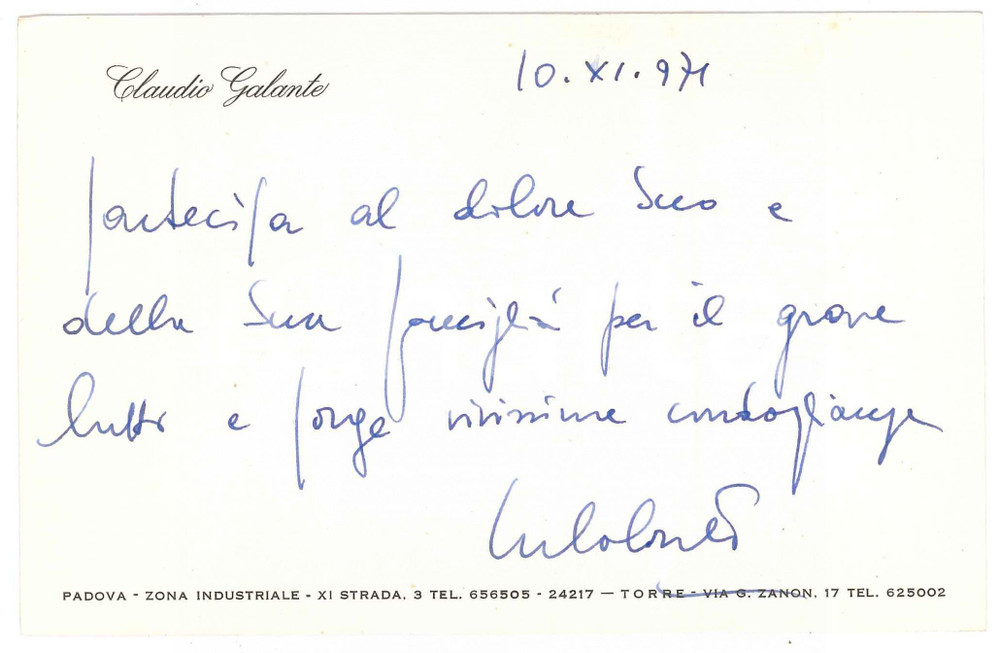 Autografo originale 1971 PADOVA Biglietto Claudio GALANTE Politico DC  Autografo 1