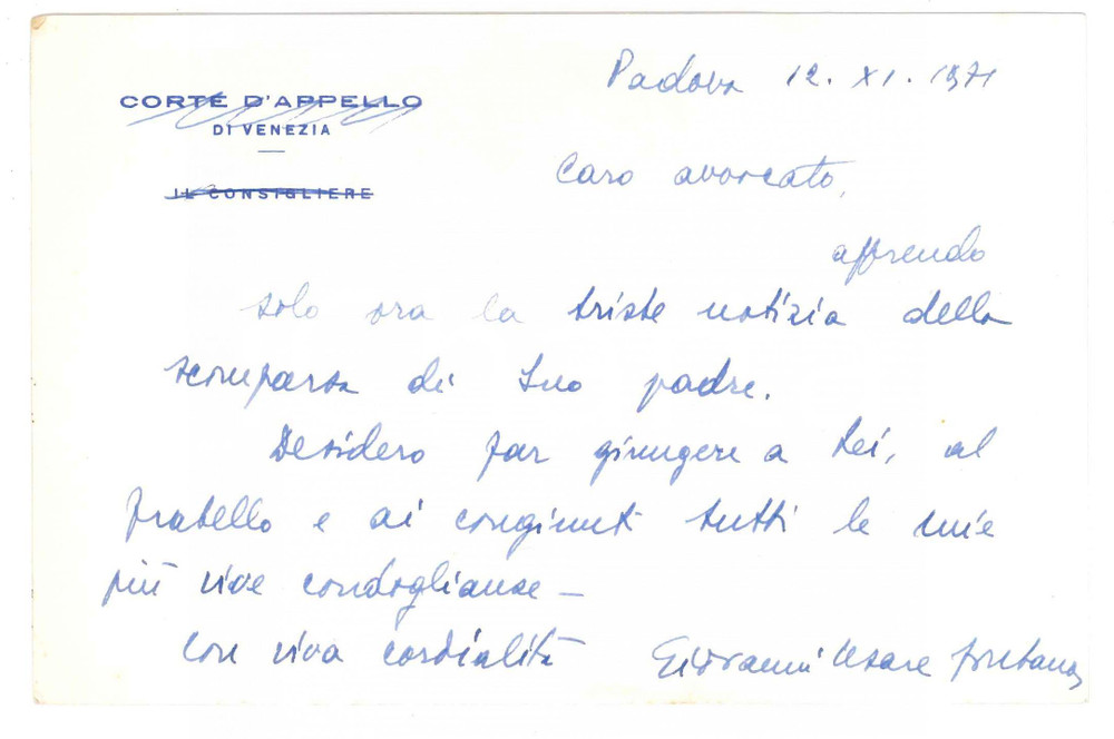 Autografo originale 1971 CORTE D APPELLO DI VENEZIA Biglietto Giovanni Cesare FONTANA  Autografo 1