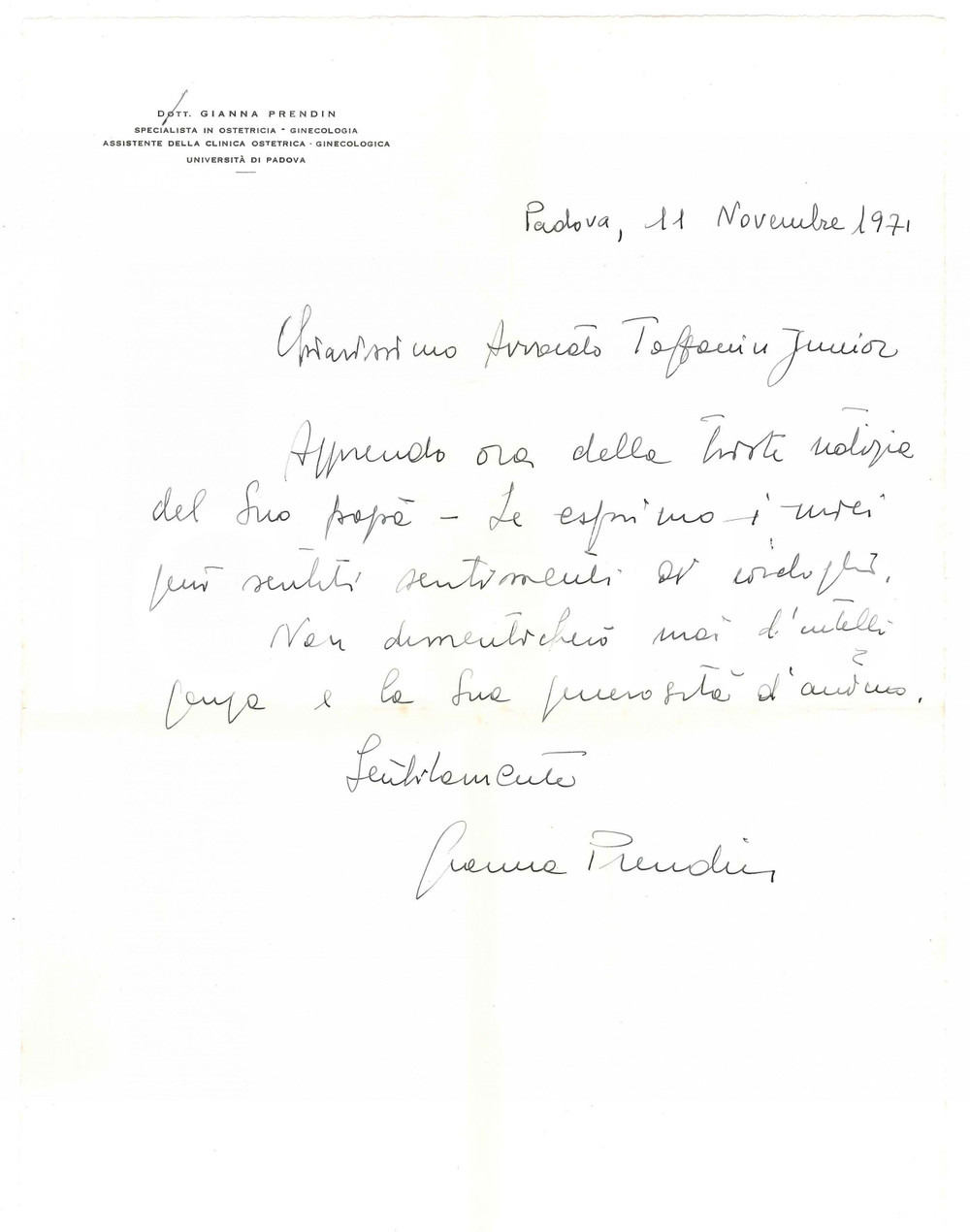 Autografo originale 1971 PADOVA Lettera Gianna PRENDIN  Clinica ostetrica  Autografo 1