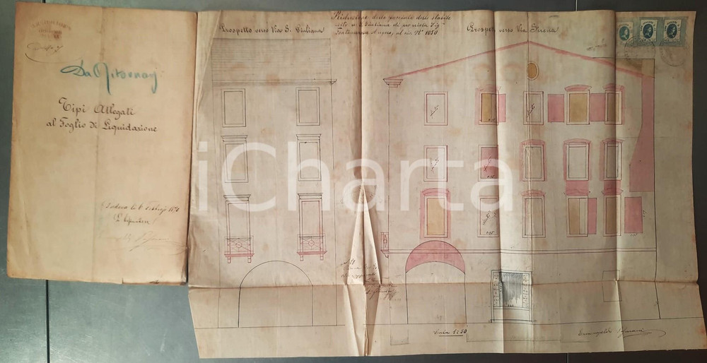 Mappa, planimetria storica 1870 PADOVA Progetto edificio Angelo FONTANAROSSA  Facciate Disegnato a mano 1