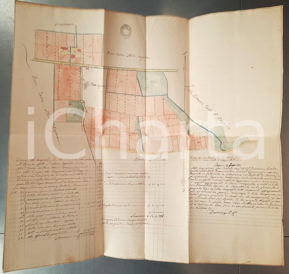 Mappa, planimetria storica 1854 VILLAFRANCA PADOVANA Mappa beni contessa Cecilia QUERINI Disegnata a mano 1