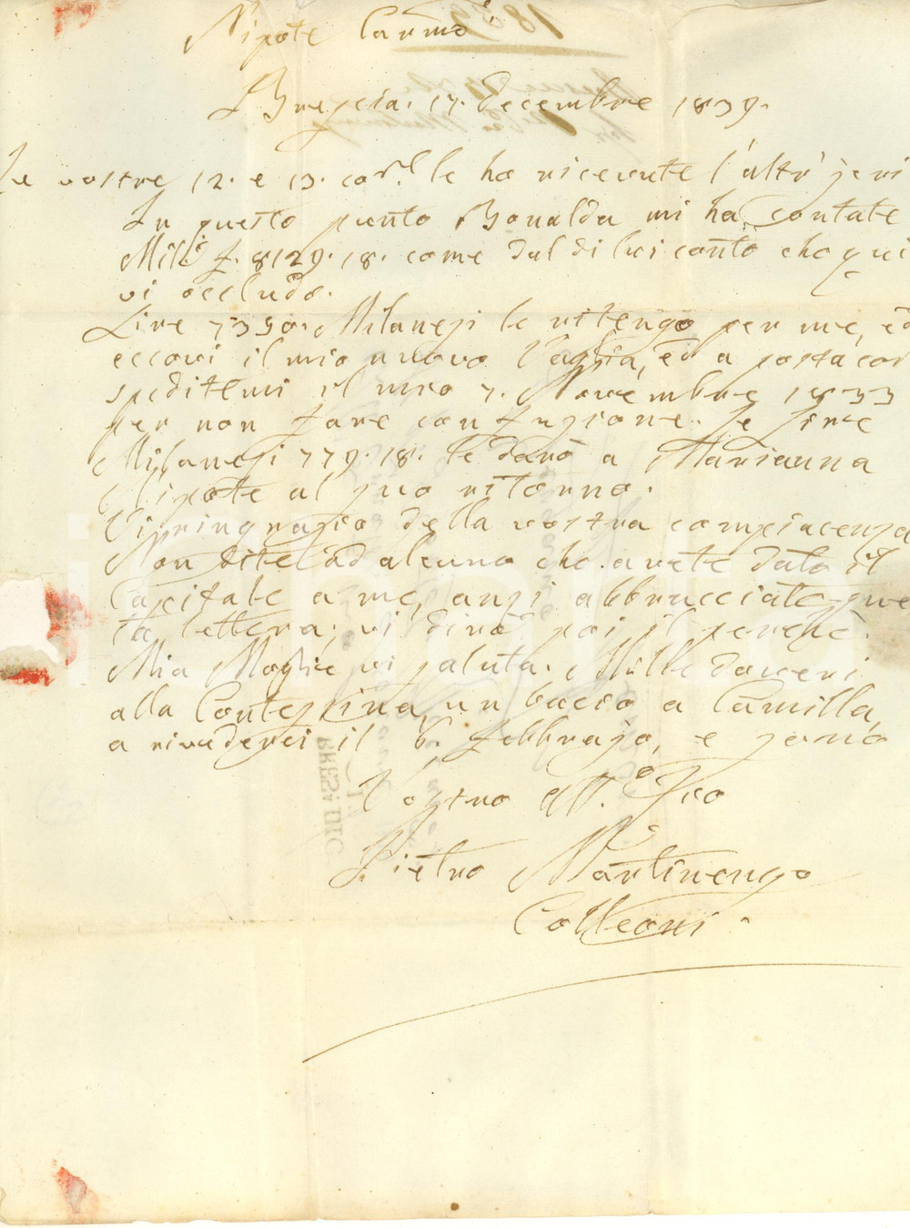 Manoscritto, lettera originale 1839 BRESCIA Pietro MARTINENGO COLLEONI chiede segretezza al nipote Lettera 1
