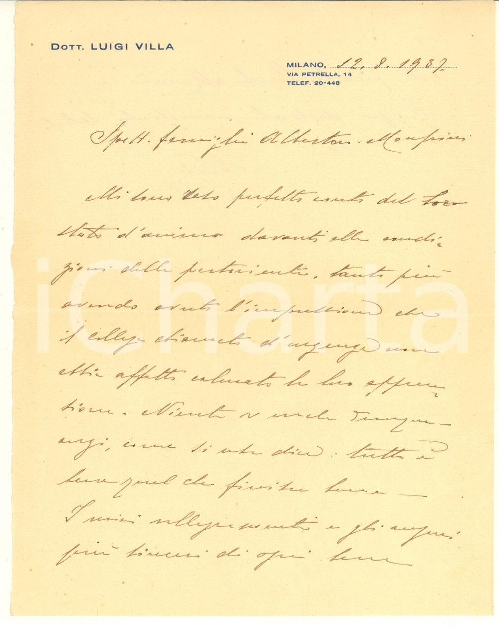 Manoscritto, lettera originale 1937 MILANO Dott. Luigi VILLA ai genitori di un bambino guarito Autografo 1