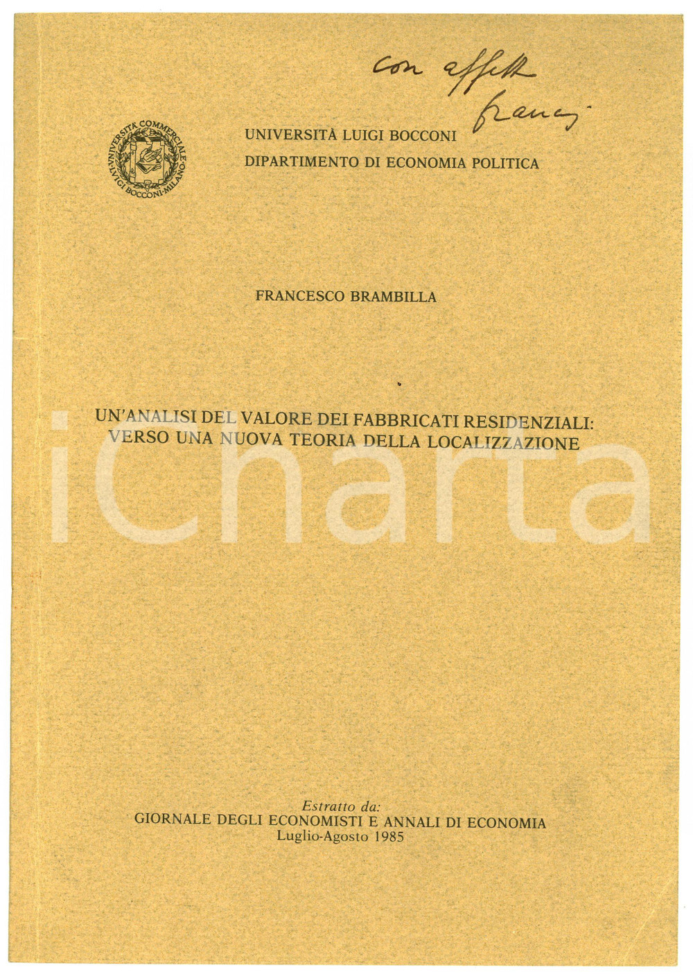 Libro, pubblicazione d epoca 1985 Francesco BRAMBILLA Valore dei fabbricati residenziali  Invio autografo 1