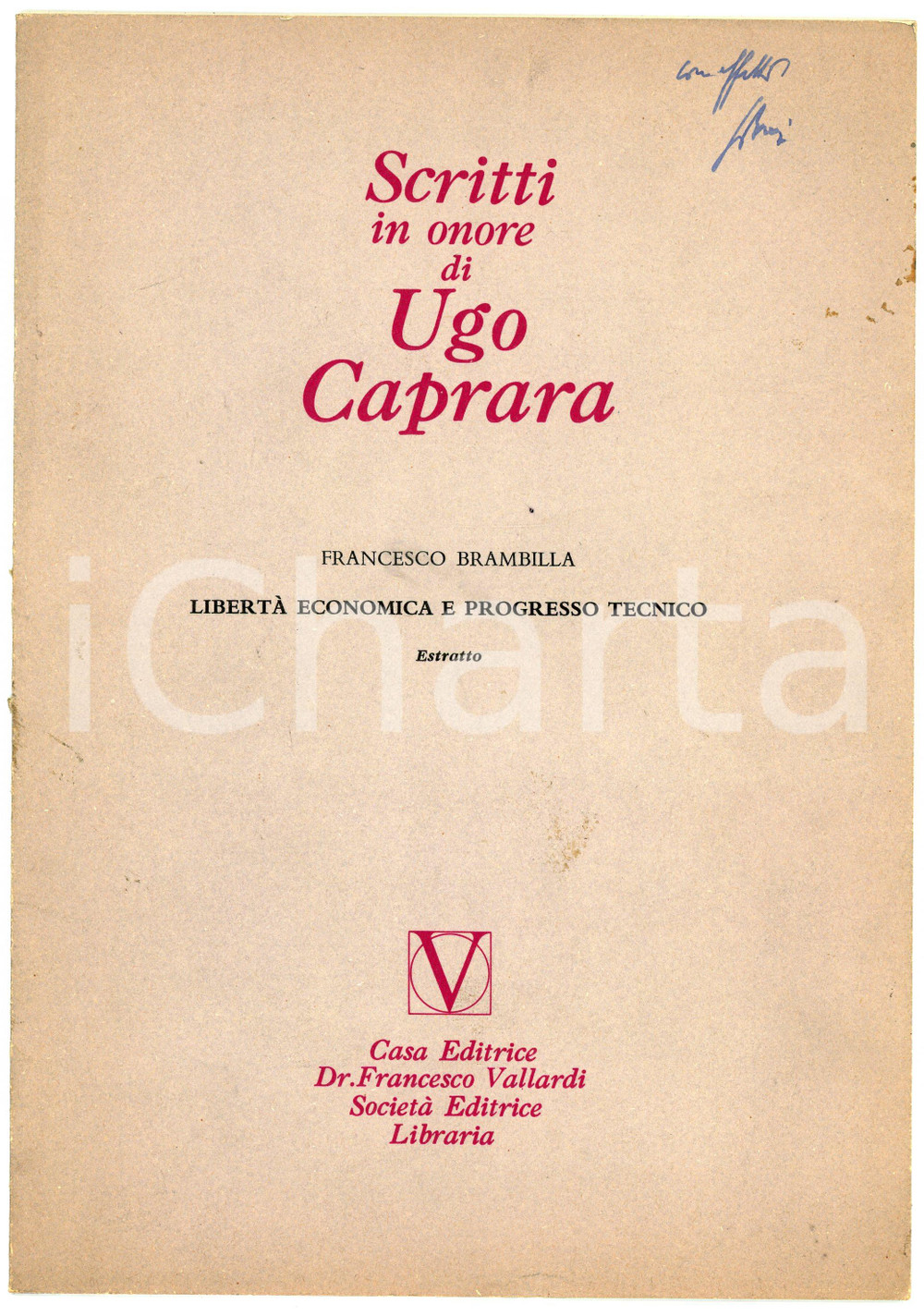Libro, pubblicazione d epoca 1975 Francesco BRAMBILLA Scritti in onore di Ugo CAPRARA Invio autografo 1