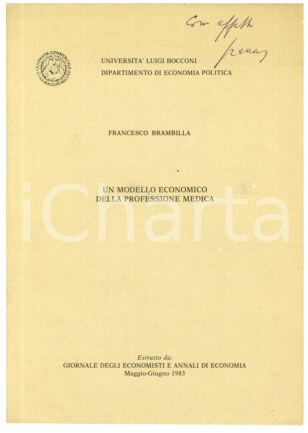 Libro, pubblicazione d epoca 1983 Francesco BRAMBILLA Modello economico professione medica Invio autografo 1