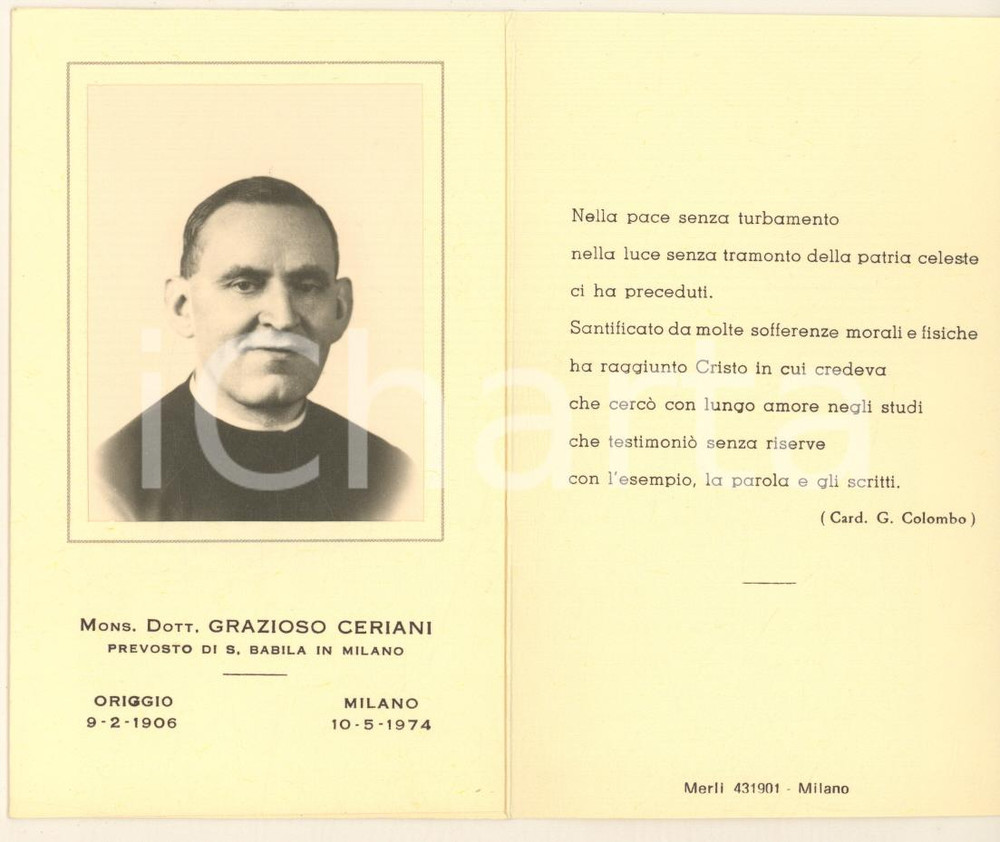 Oggetto da collezione cartaceo 1974 MILANO Mons. Grazioso CERIANI prevosto SAN BABILA  Santino lutto 7x11 cm 1