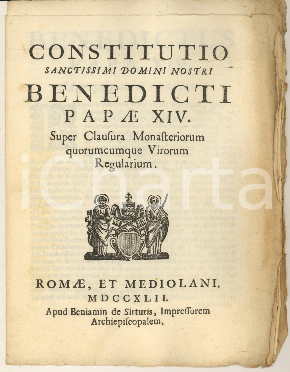 Documento originale, autentico 1742 BENEDETTO XIV Super clausura monasteriorum quorumcumque virorum regularium 1
