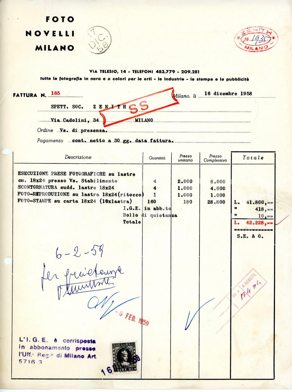 Documento originale, autentico 1958 MILANO via Telesio, 14 FOTO NOVELLI Fattura per lavori fotografici 1