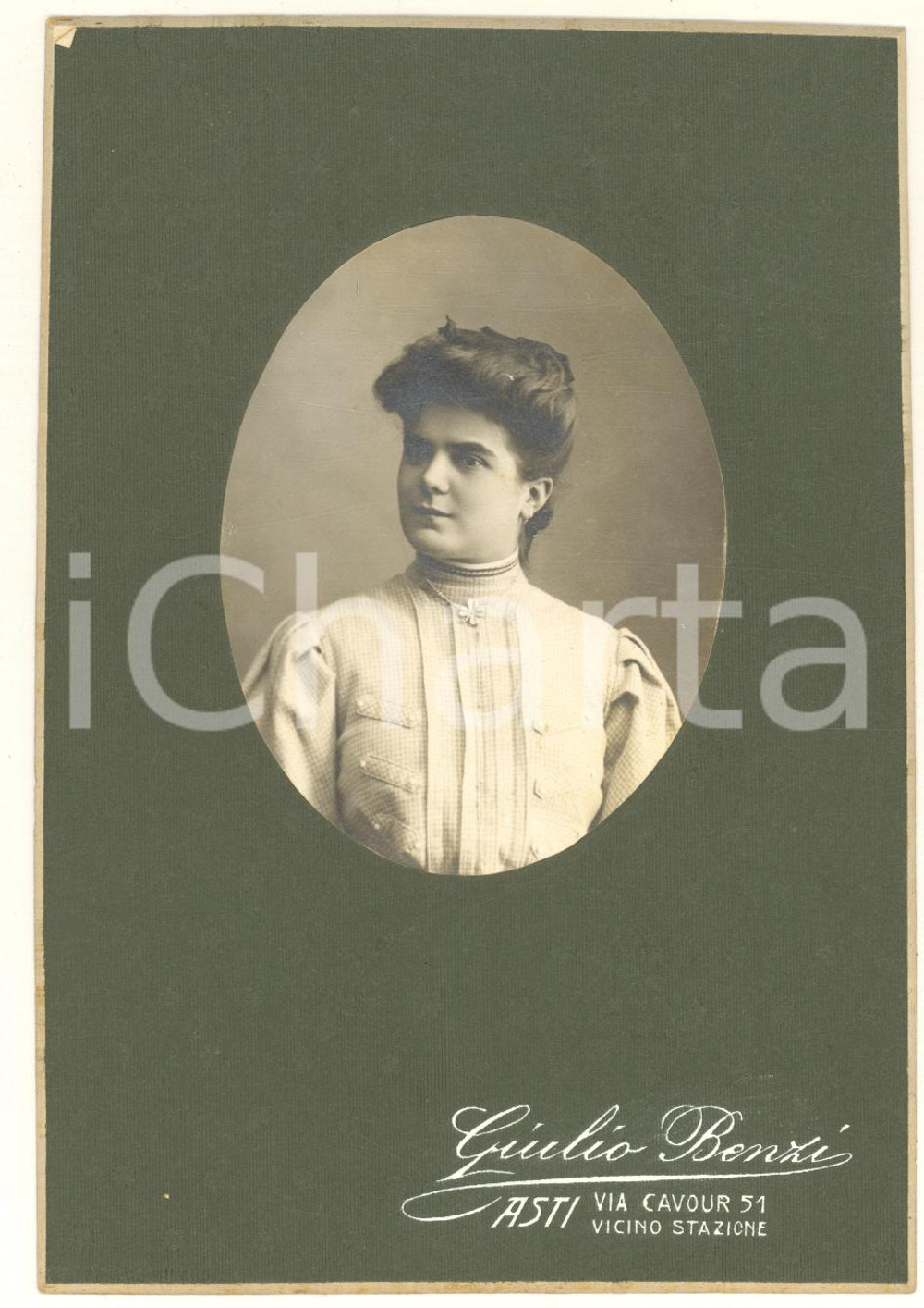Fotografia d epoca originale 1908 ASTI Ritratto di donna  M. ALERICI Foto Giulio BENZI con dedica 1