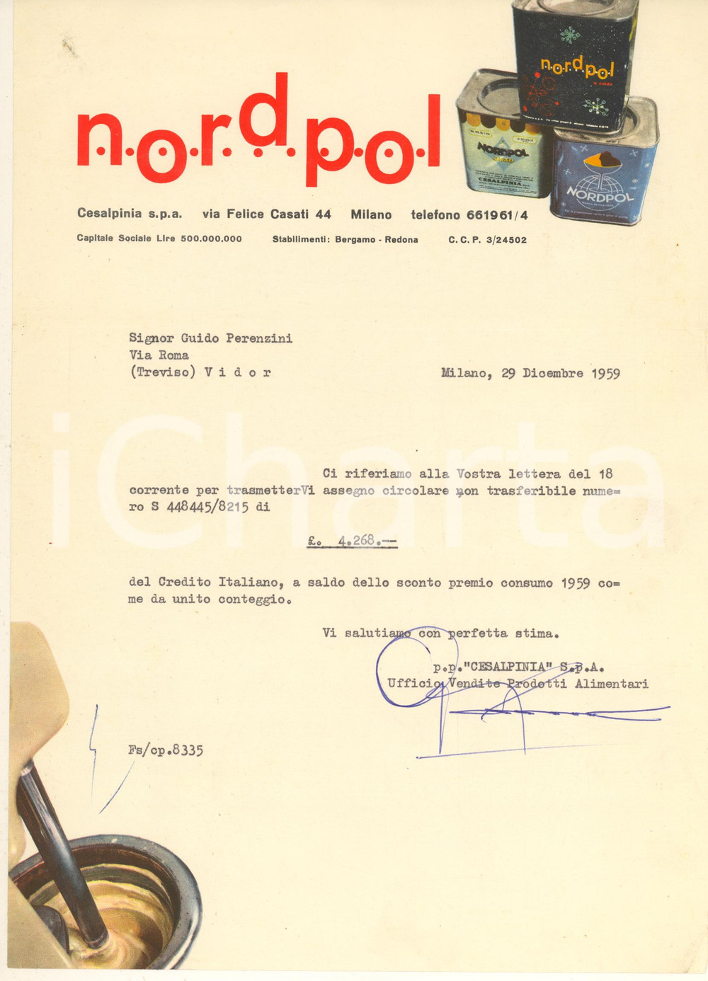 Documento originale, autentico 1959 MILANO Via Casati 44  NORDPOL  CESALPINIA  Lettera commerciale 1