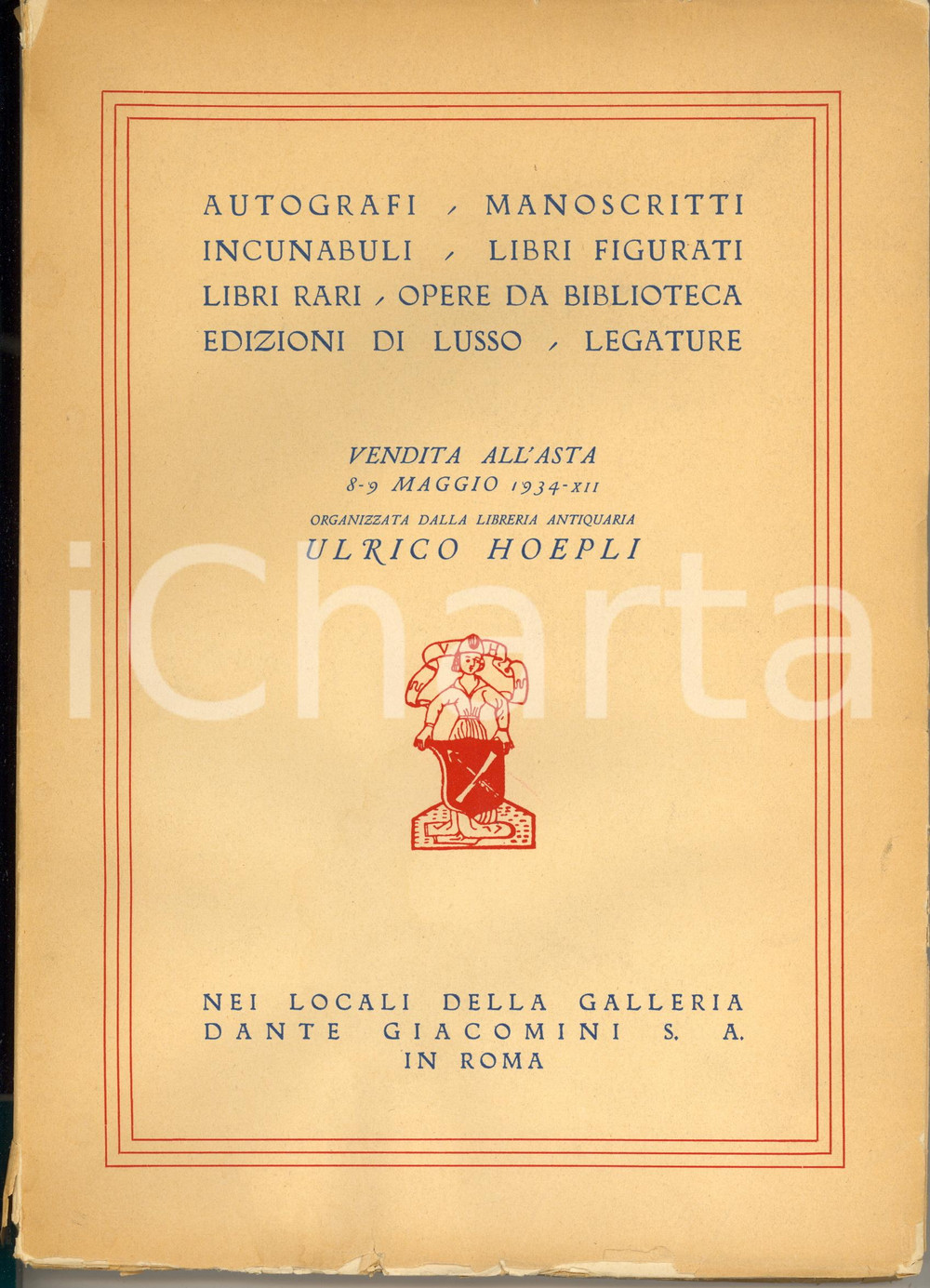 Libro, pubblicazione d epoca 1934 ROMA Galleria GIACOMINI  Vendita all asta libreria HOEPLI Catalogo 1
