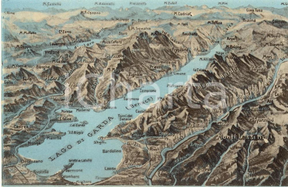 Cartolina originale da collezione 1930 ca LAGO DI GARDA Mappa fisica con indicazione di monti e localitÃ  FP NV 1