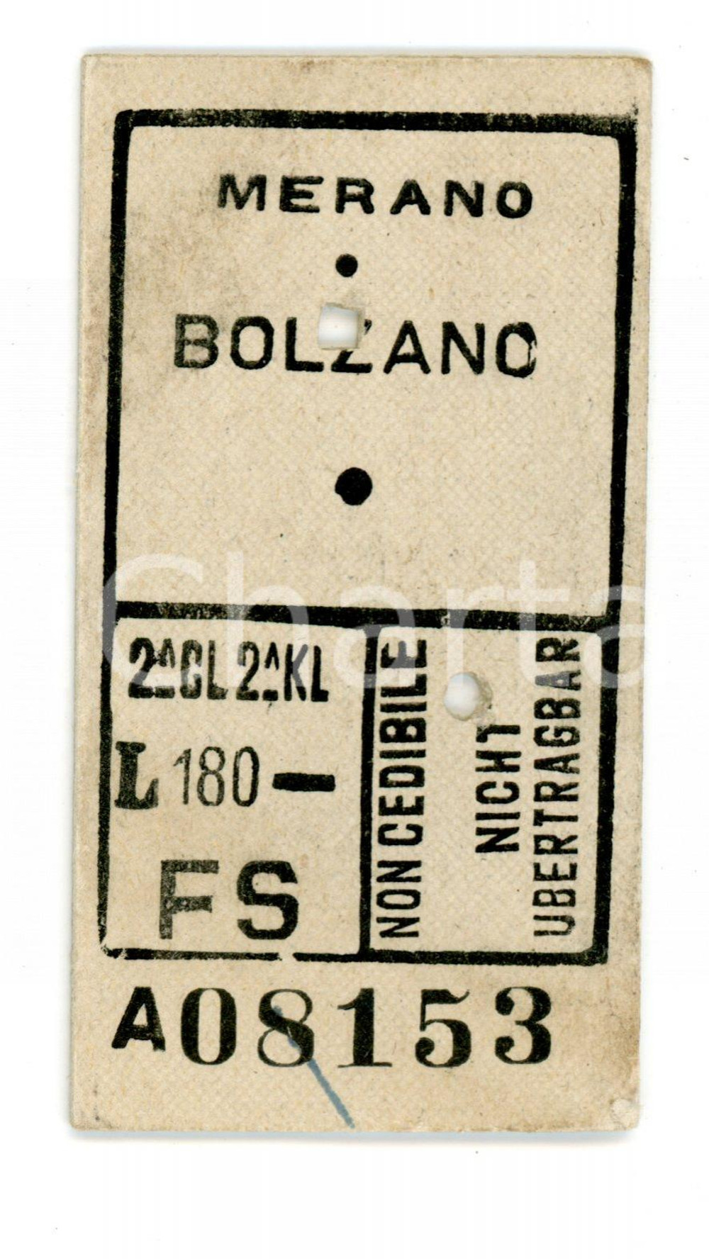 Documento originale, autentico 1951 FF.SS. MERANO BOLZANO Biglietto ferroviario seconda classe obliterato 1