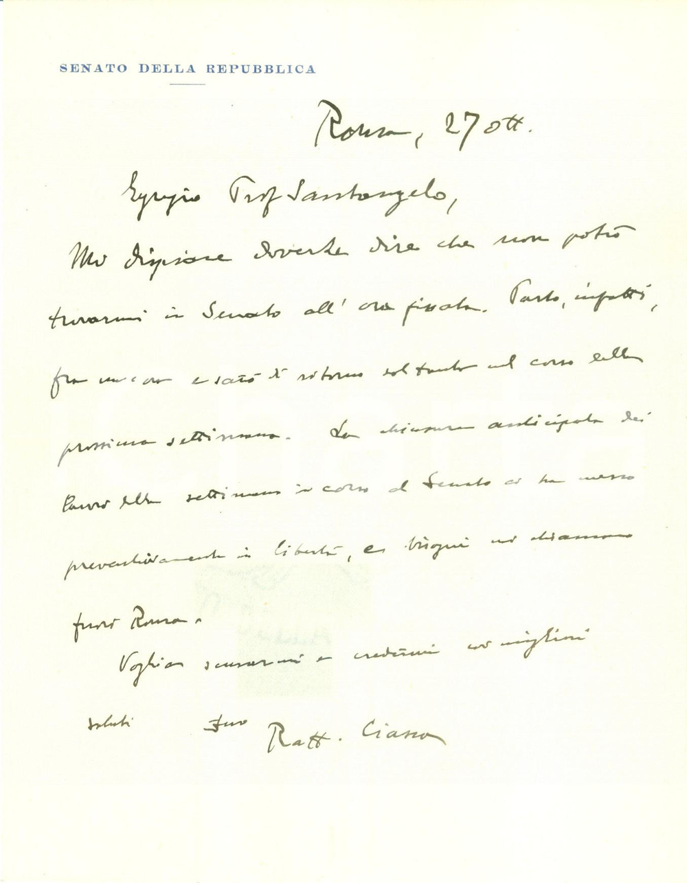 Autografo originale 1950 ca ROMA Senatore Raffaele CIASCA chiamato fuori città da bisogni AUTOGRAFO 1