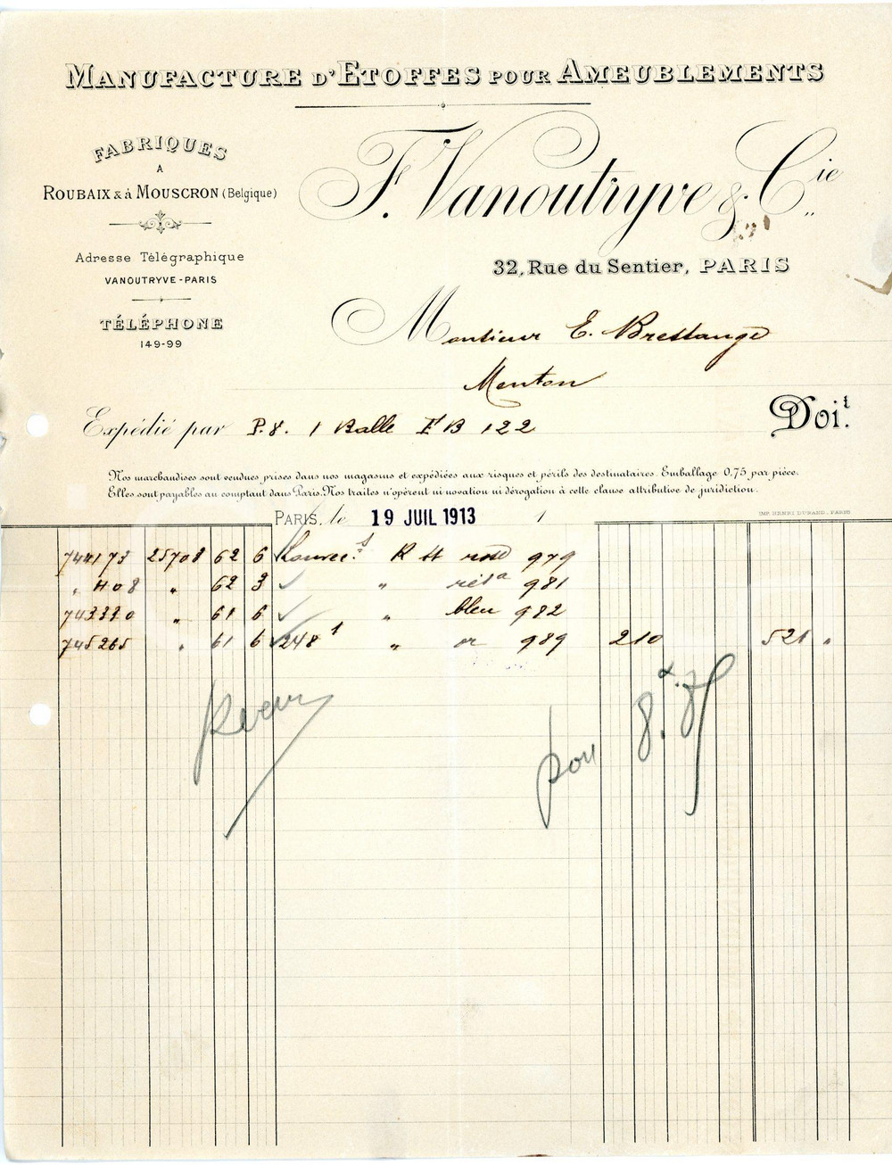 Documento originale, autentico 1913 PARIS 32 Rue du Sentier  Manifacture F. VANOUTRYVE Factures 5 1