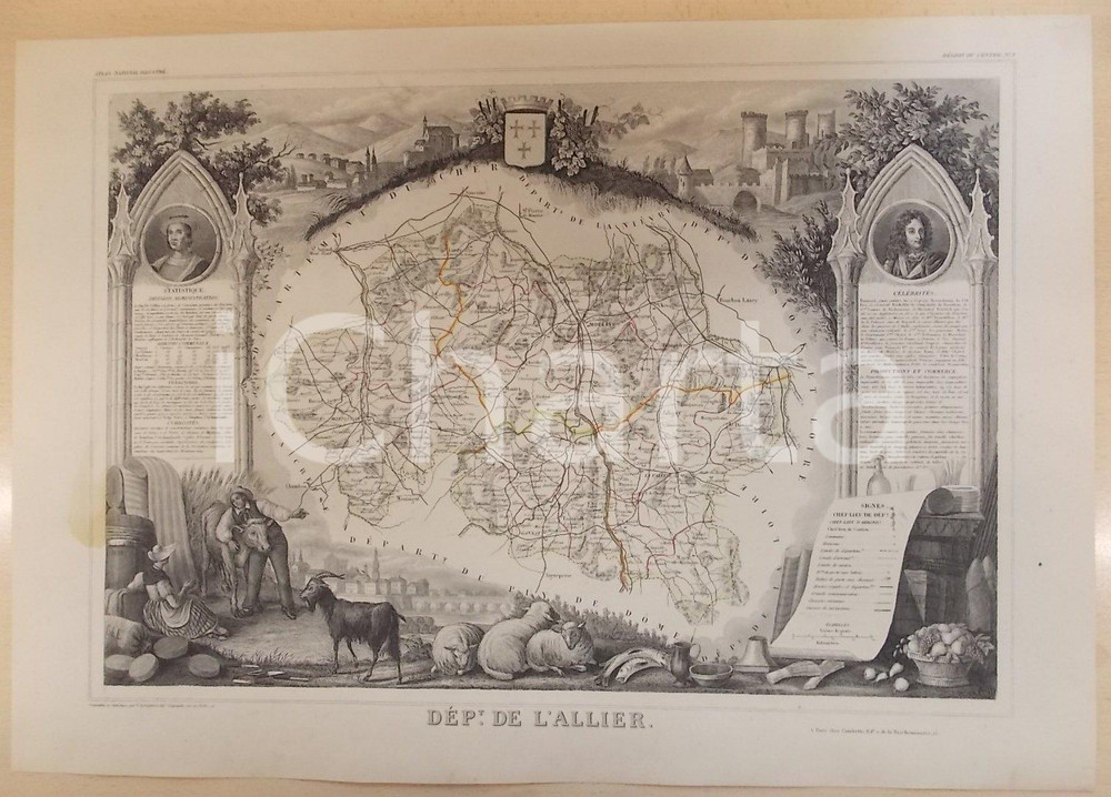 Stampa, bozzetto originale 1861 PARIS Atlas National de la France illustré  Département de l ALLIER n°3 1