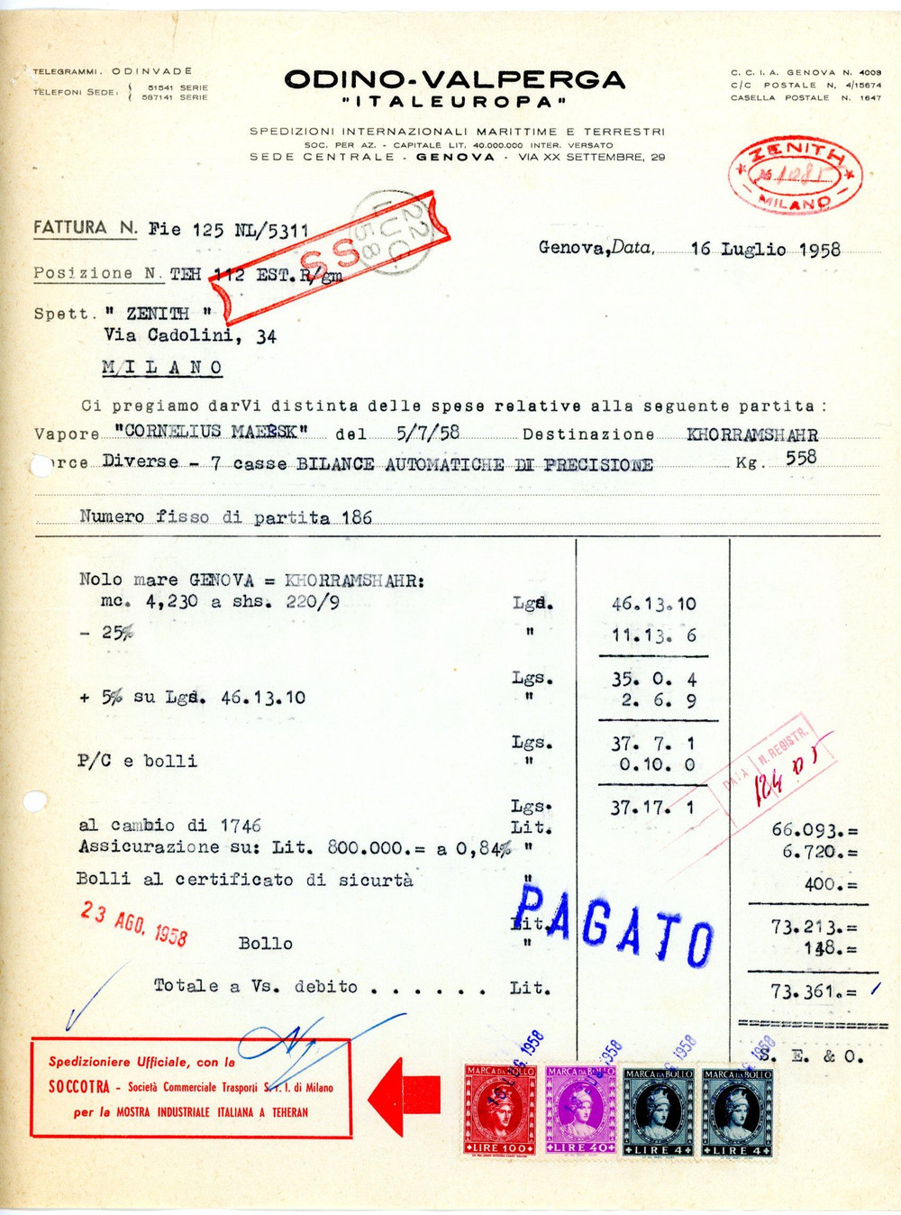 Documento originale, autentico 1958 GENOVA  ODINO VALPERGA ITALEUROPA Fattura trasporto a Khorramshahr 1