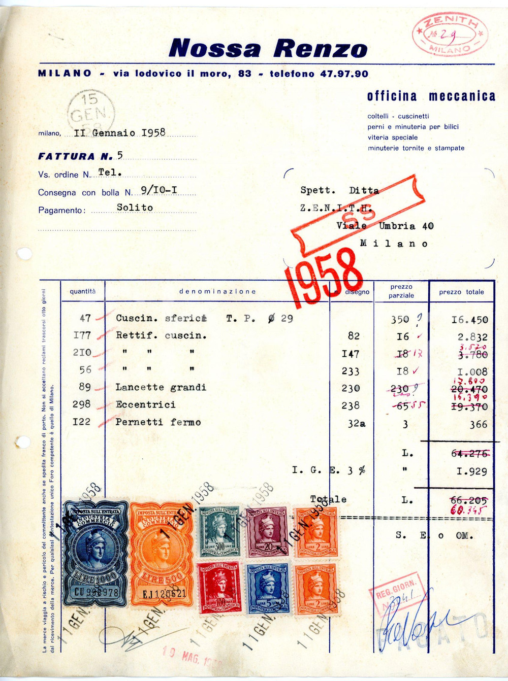 Documento originale, autentico 1958 MILANO via Lodovico il Moro, 83 Renzo NOSSA Fattura vendita cuscinetti 1