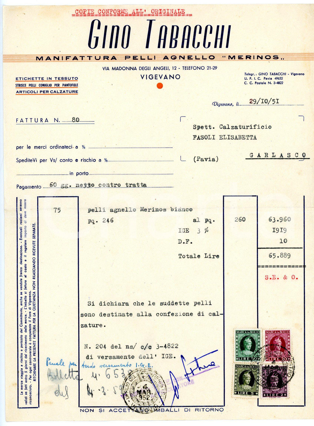 Documento originale, autentico 1951 VIGEVANO Manifattura Gino TABACCHI Fattura per pelli agnello MERINOS 1