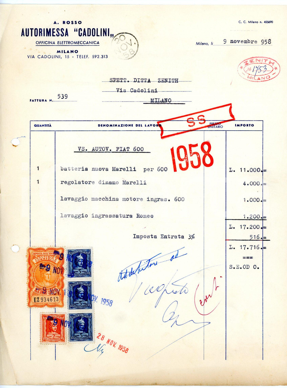 Documento originale, autentico 1958 MILANO via Cadolini, 15  Autorimessa CADOLINI Fattura manutenzione FIAT 600 1