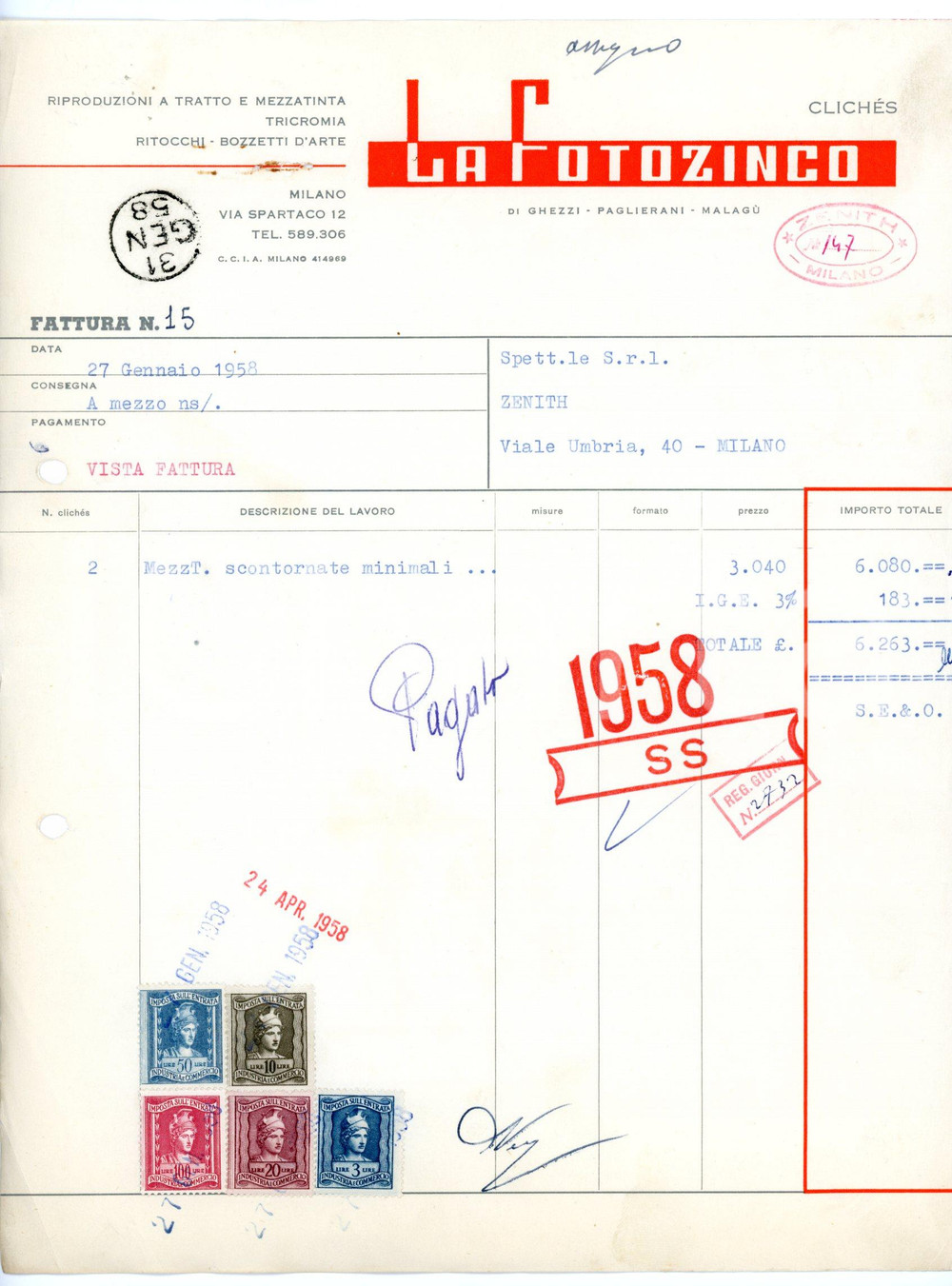 Documento originale, autentico 1958 MILANO Via Spartaco, 12  LA FOTOZINCO Tricromia  Fattura 1