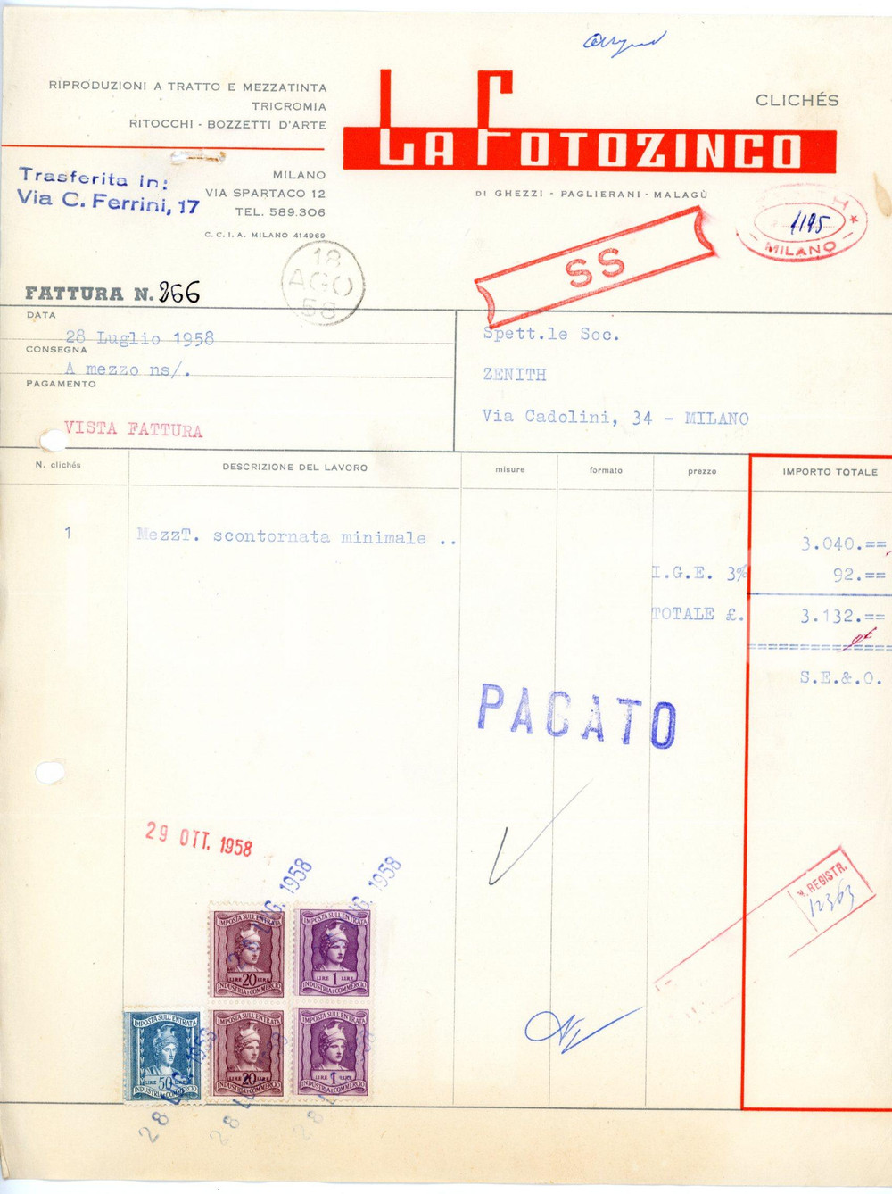 Documento originale, autentico 1958 MILANO Via Spartaco, 12  LA FOTOZINCO Tricromia  Fattura 4 1