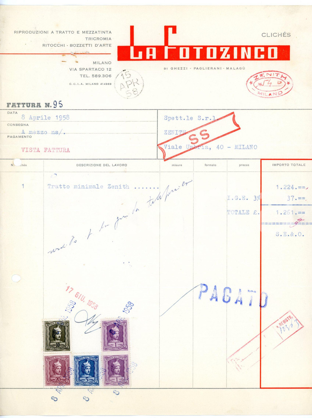 Documento originale, autentico 1958 MILANO Via Spartaco, 12  LA FOTOZINCO Tricromia  Fattura 3 1