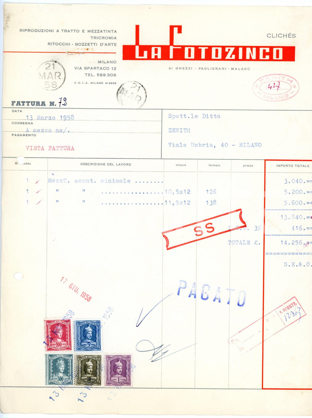 Documento originale, autentico 1958 MILANO Via Spartaco, 12  LA FOTOZINCO Tricromia  Fattura 1 1
