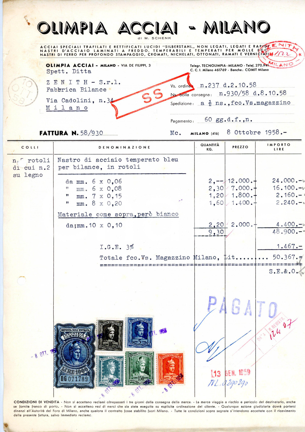 Documento originale, autentico 1958 MILANO Via De Filippi, 3 OLIMPIA ACCIAI Fattura nastro di acciaio temperato 1