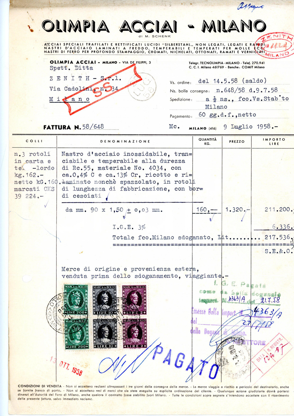 Documento originale, autentico 1958 MILANO Via De Filippi, 3 OLIMPIA ACCIAI Fattura nastro acciaio inossidabile 1