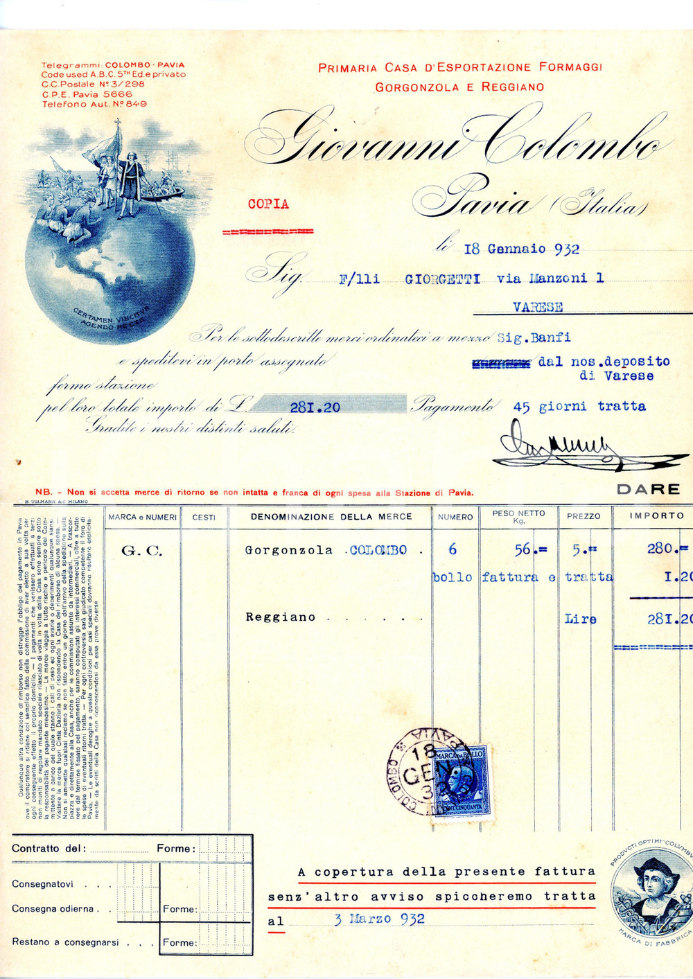 Documento originale, autentico 1932 PAVIA Giovanni COLOMBO Esportazione formaggi  Fattura per Gorgonzola 1
