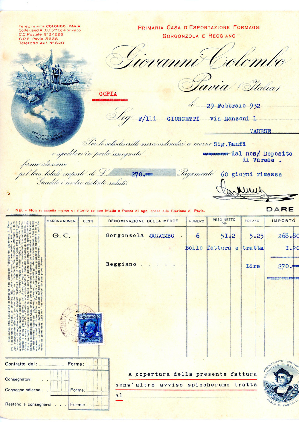 Documento originale, autentico 1932 PAVIA Giovanni COLOMBO Esportazione formaggi  Fattura per Gorgonzola 3 1