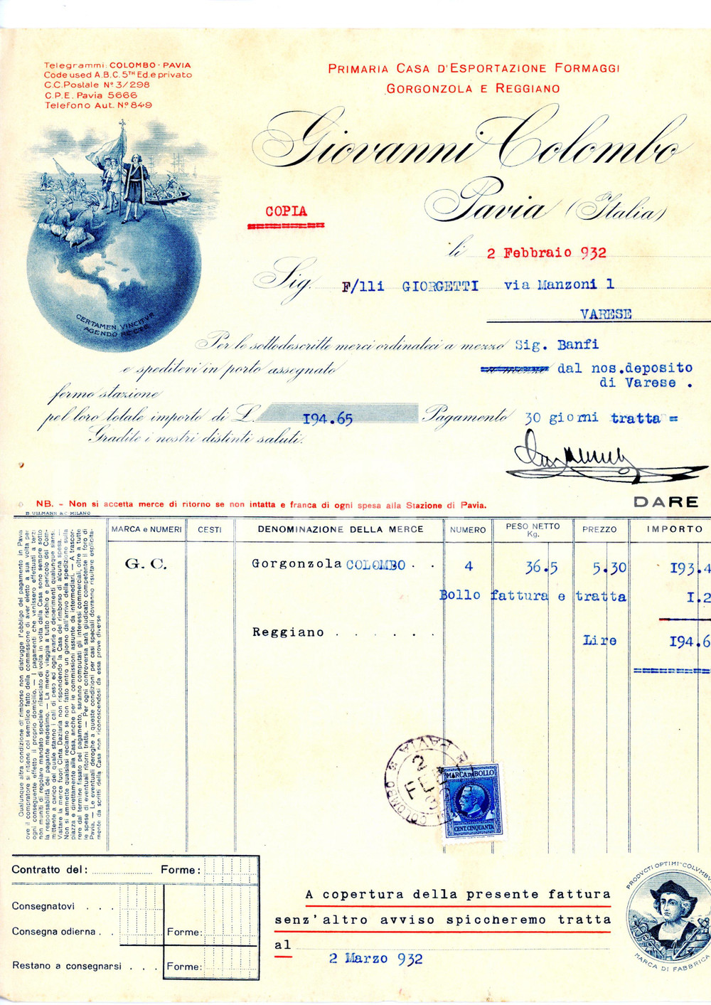 Documento originale, autentico 1932 PAVIA Giovanni COLOMBO Esportazione formaggi  Fattura per Gorgonzola 2 1