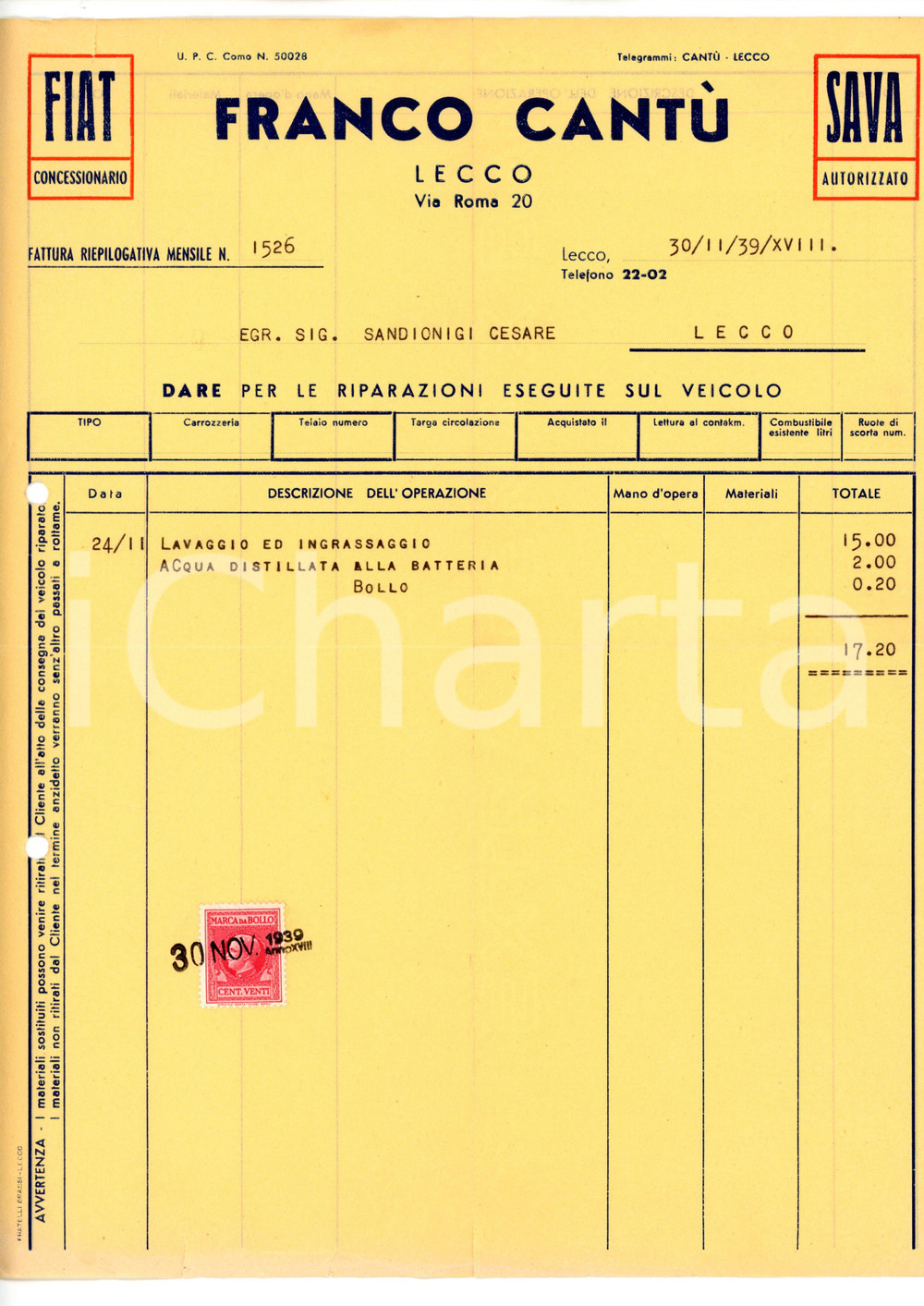 Documento originale, autentico 1939 LECCO Franco CANTÙ Concessionario FIAT Fattura per riparazione auto 2 1