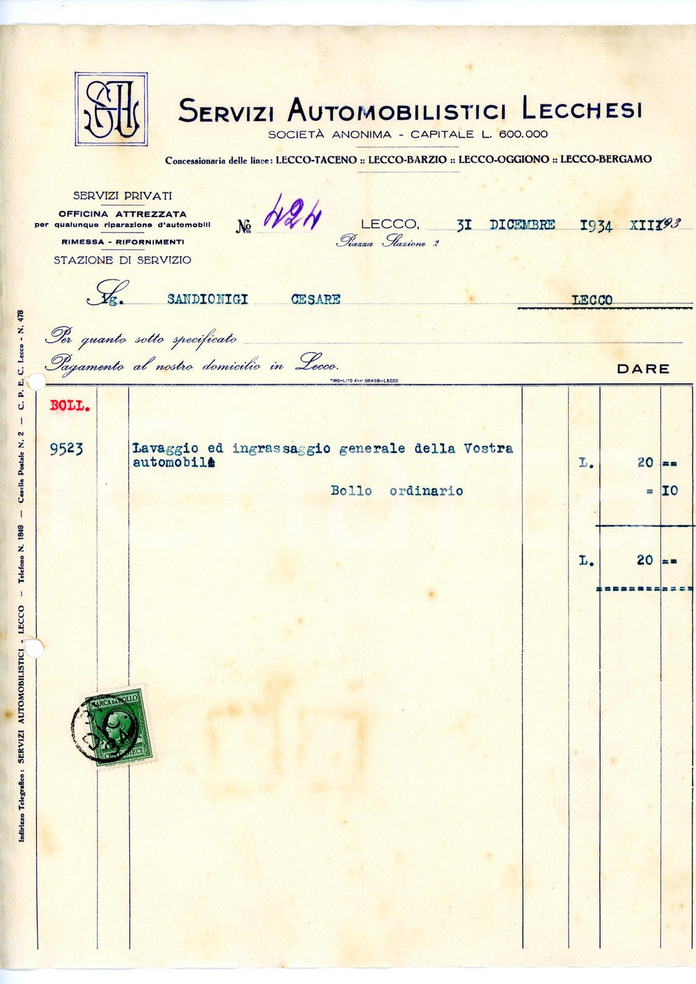 Documento originale, autentico 1934 LECCO Servizi Automobilistici Lecchesi SAL Fattura lavaggio auto 1