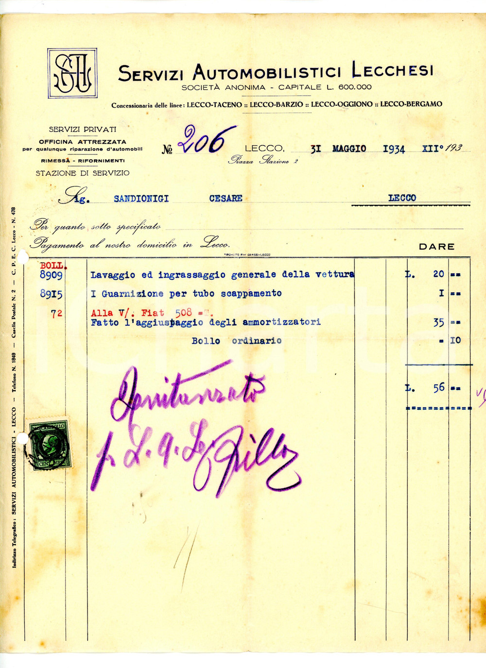 Documento originale, autentico 1934 LECCO Servizi Automobilistici Lecchesi SAL Fattura riparazione FIAT 508 1