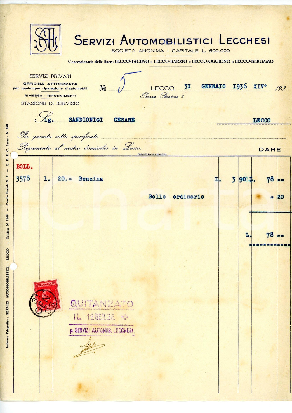 Documento originale, autentico 1934 LECCO Servizi Automobilistici Lecchesi SAL Fattura per benzina 1