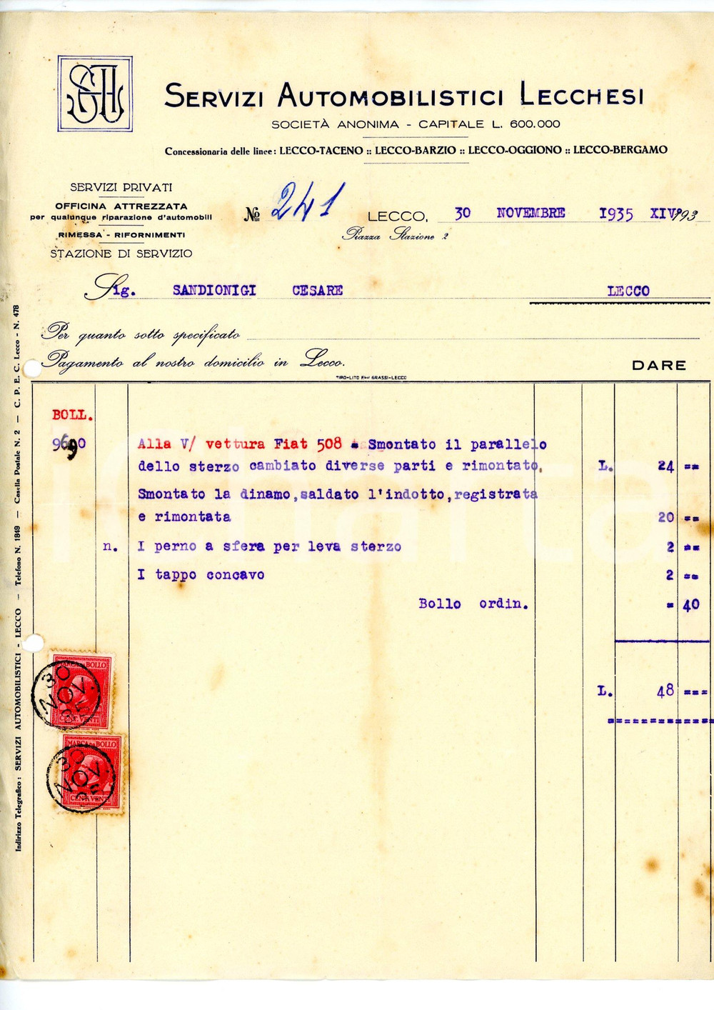 Documento originale, autentico 1935 LECCO Servizi Automobilistici Lecchesi SAL Fattura riparazione FIAT 508 2 1