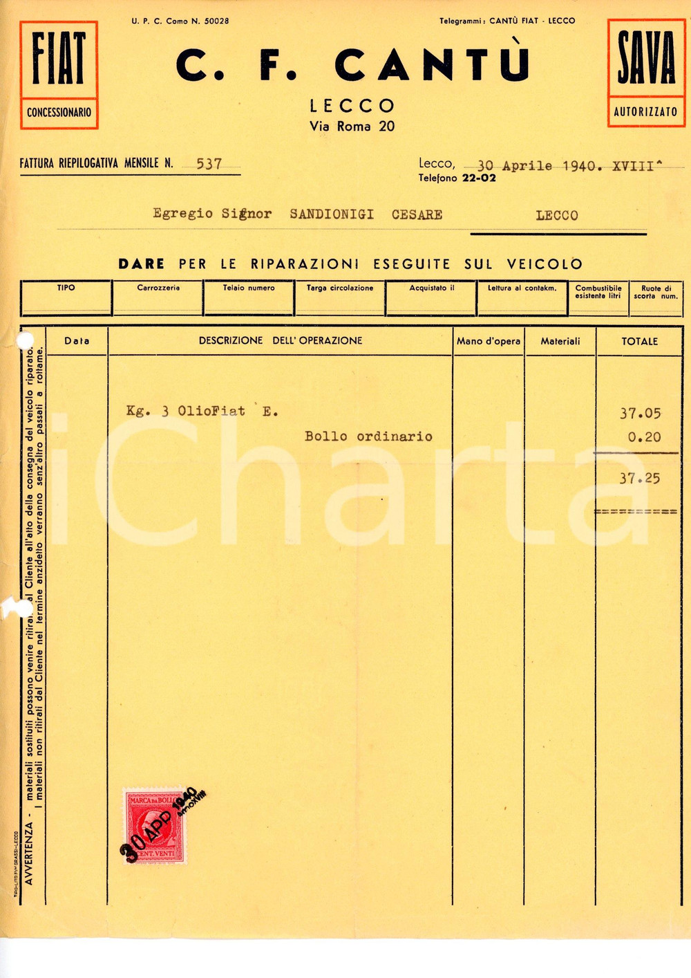 Documento originale, autentico 1940 LECCO C. F. CANTÙ Concessionario FIAT Fattura per riparazione auto 2 1