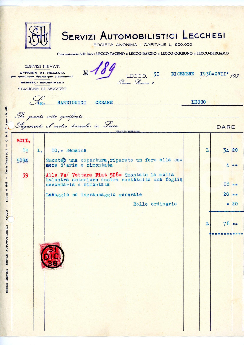 Documento originale, autentico 1934 LECCO Servizi Automobilistici Lecchesi SAL Fattura riparazione auto 1 1