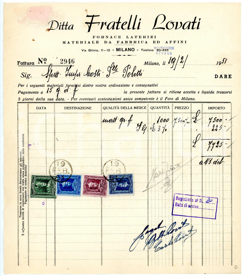 Documento originale, autentico 1951 MILANO via Bitinia Fornace laterizi Fratelli LOVATI Fattura per mattoni 2 1