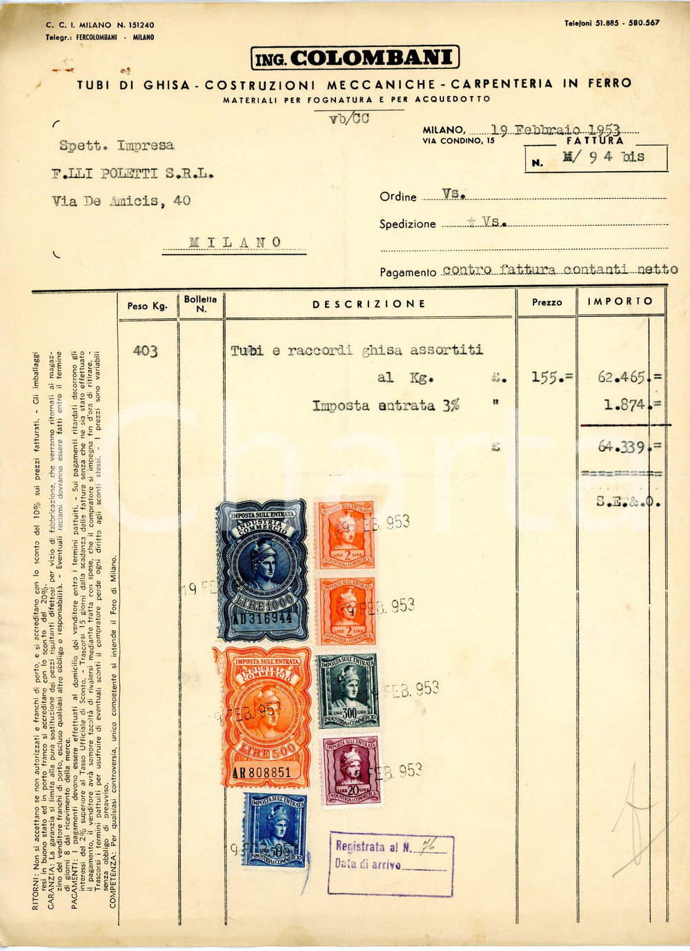 Documento originale, autentico 1953 MILANO via Condino, 15 ING. COLOMBANI Fattura tubazioni in ghisa 1